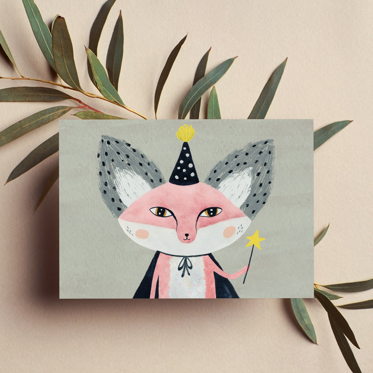 Illustrated fox party cards showing a pink fox with amber eyes, navy wizard hat, and a star-tipped wand.