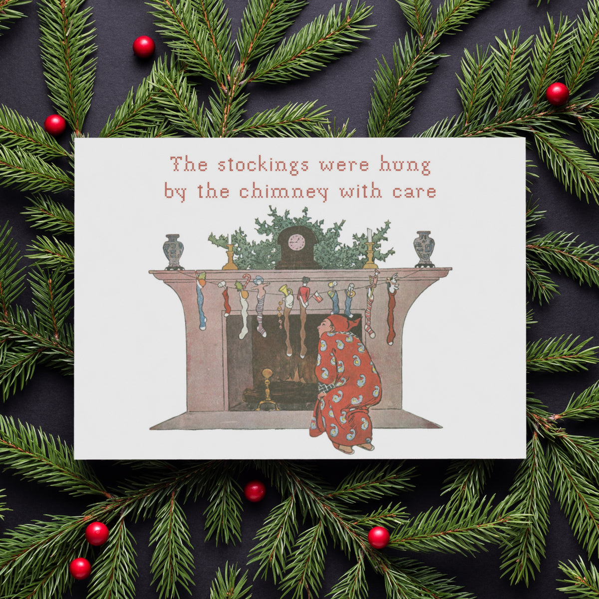 Card assortment with four phrases printed in red typewriter-style font over a shared vintage-style illustration.