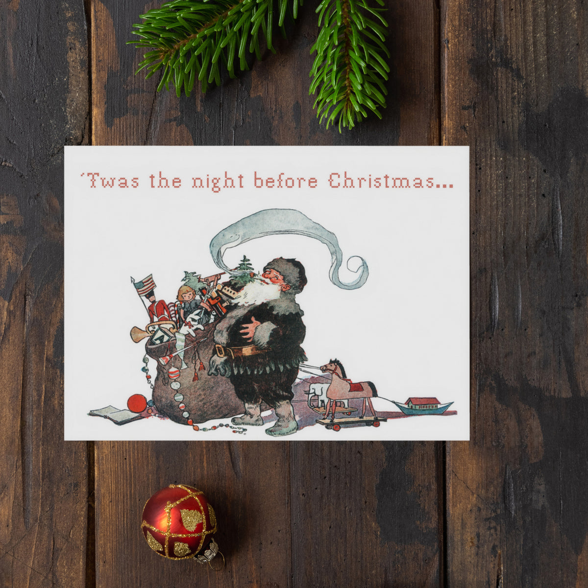 Watercolor-style Santa cards; dark fur coat, white beard, scattered toys, white background, red text.
