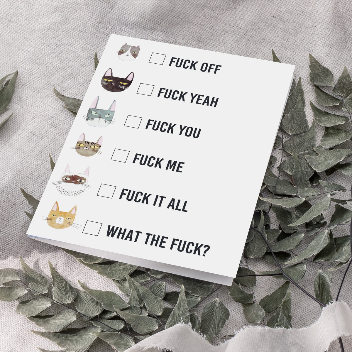 Single-design card set showing six painted cat portraits alongside checkboxes and all-caps phrases like "FUCK OFF" and "FUCK
