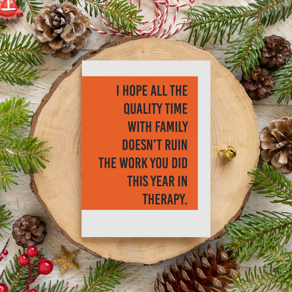 White portrait cards each printed with one bold color rectangle and a single sarcastic holiday phrase in black.