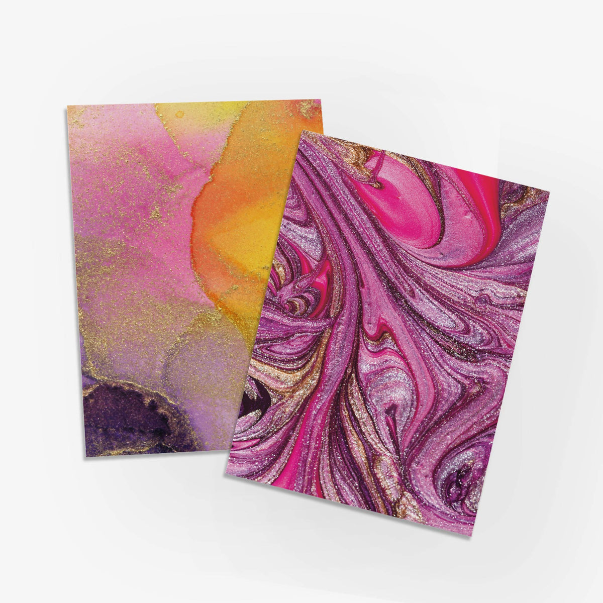 Card set with full-bleed swirled and textured abstract artwork in pink, gold, and purple.