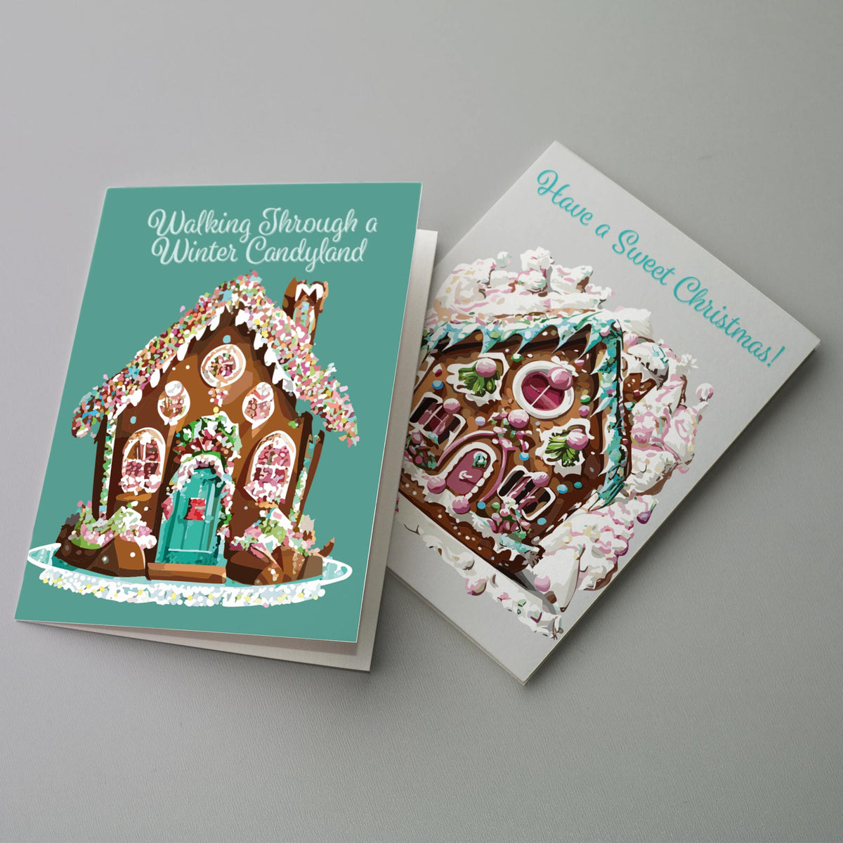 Retro Blue Gingerbread House Christmas Cards, Set of 24