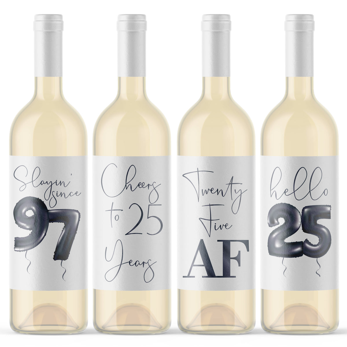 Black Balloon 25th Birthday Wine Labels, Pack of 4