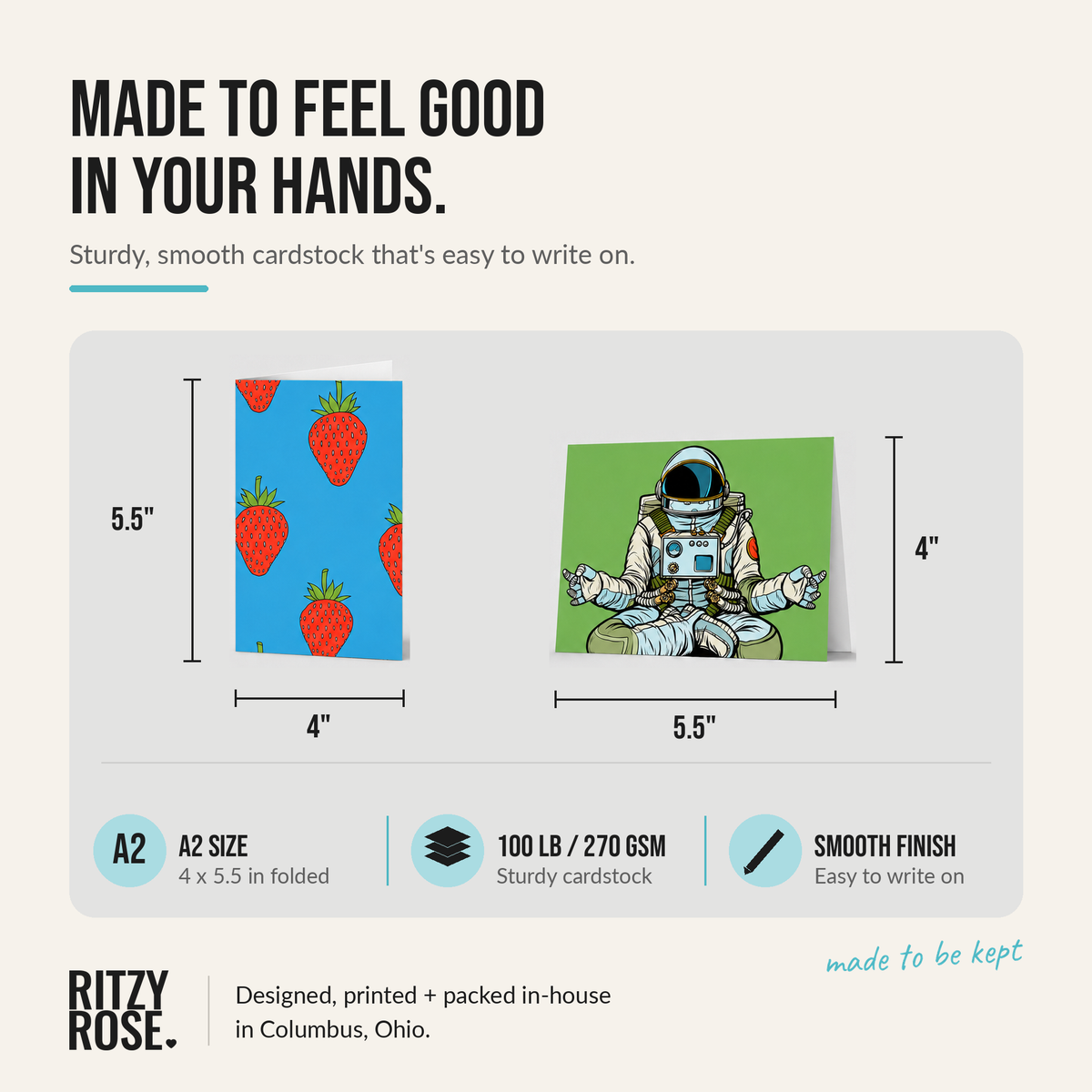 Card size chart, 4 x 5.5 inches folded, 100 lb 270 GSM smooth cardstock