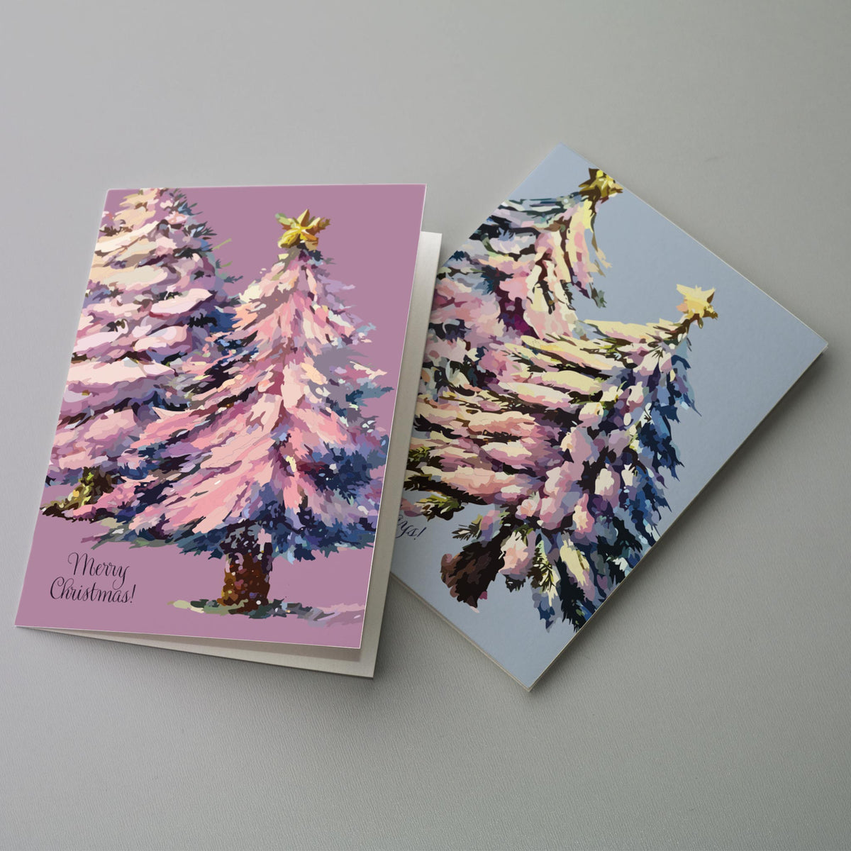 Pastel Snowy Christmas Tree Greeting Cards, Set of 24