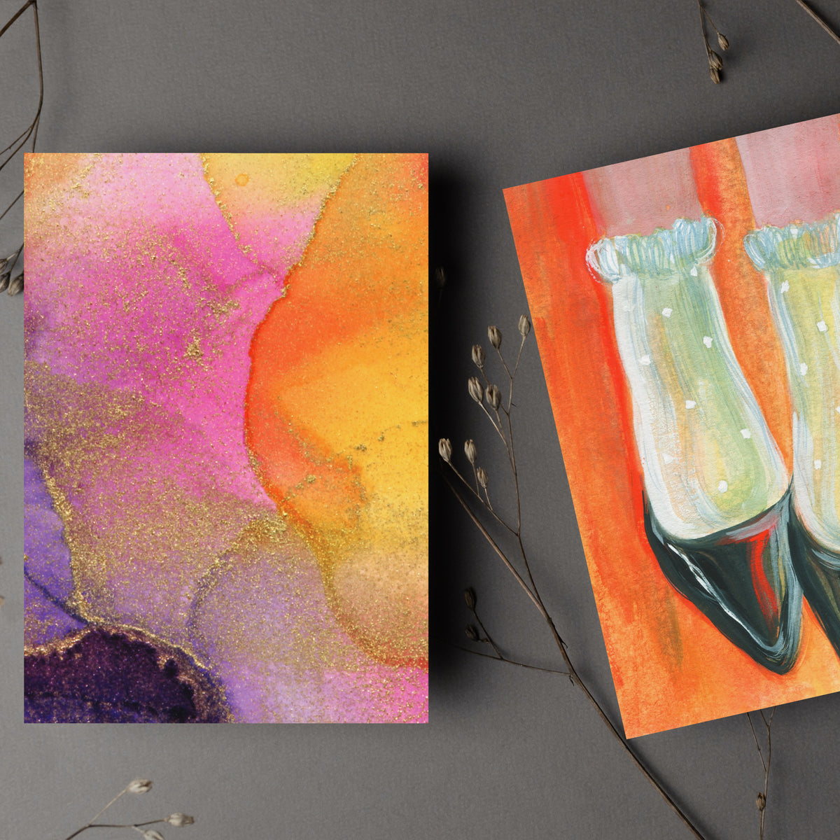 Card stationery set with colorful abstract face and fashion figure designs in a contemporary illustrative style.