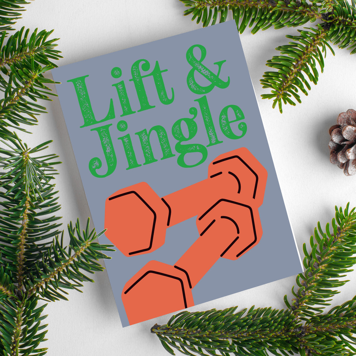 Six holiday card designs featuring gym equipment: dumbbells, barbells, kettlebell, weight plates, jump rope, and yoga mat.