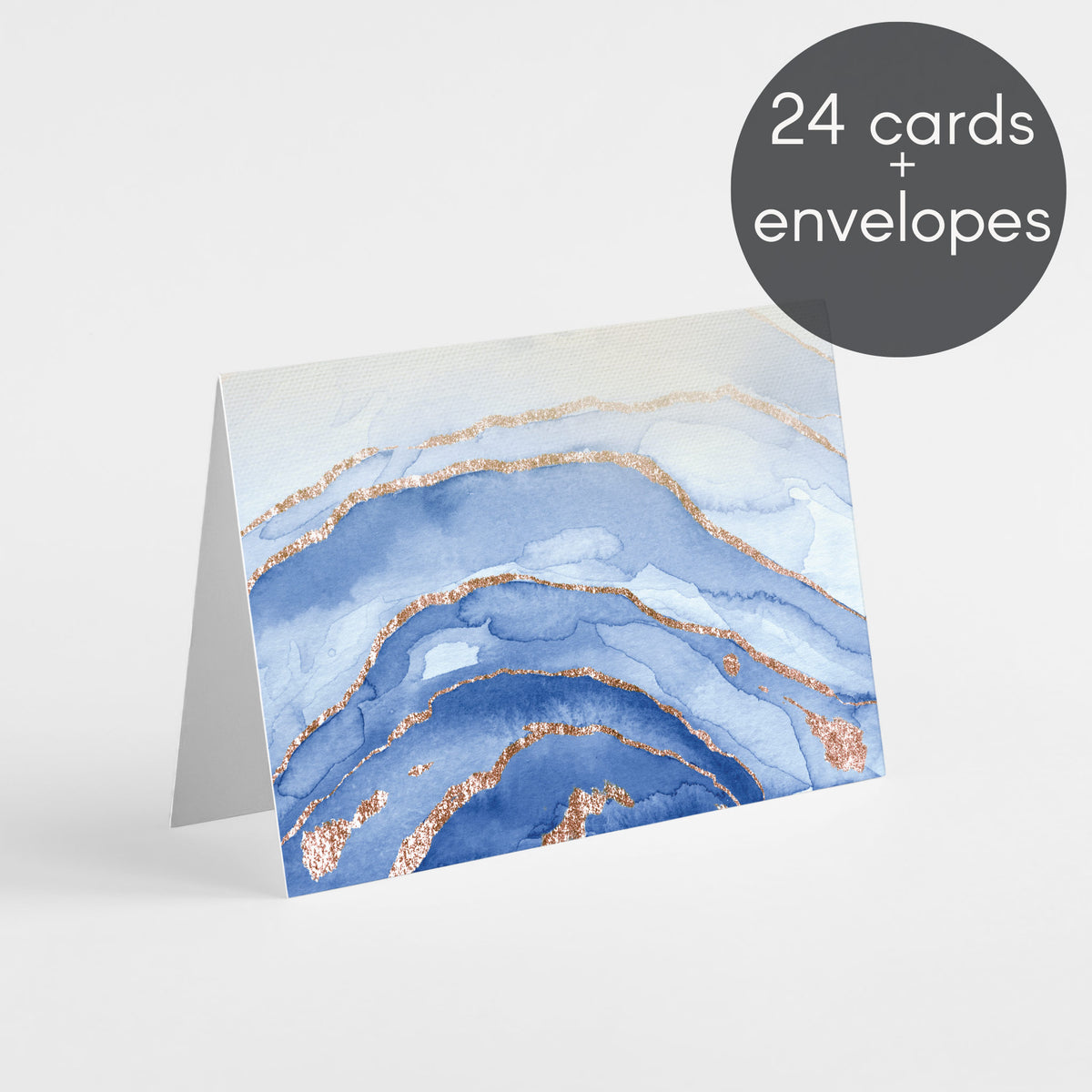 Blue and Gold Watercolor Blank Greeting Cards, Set of 24