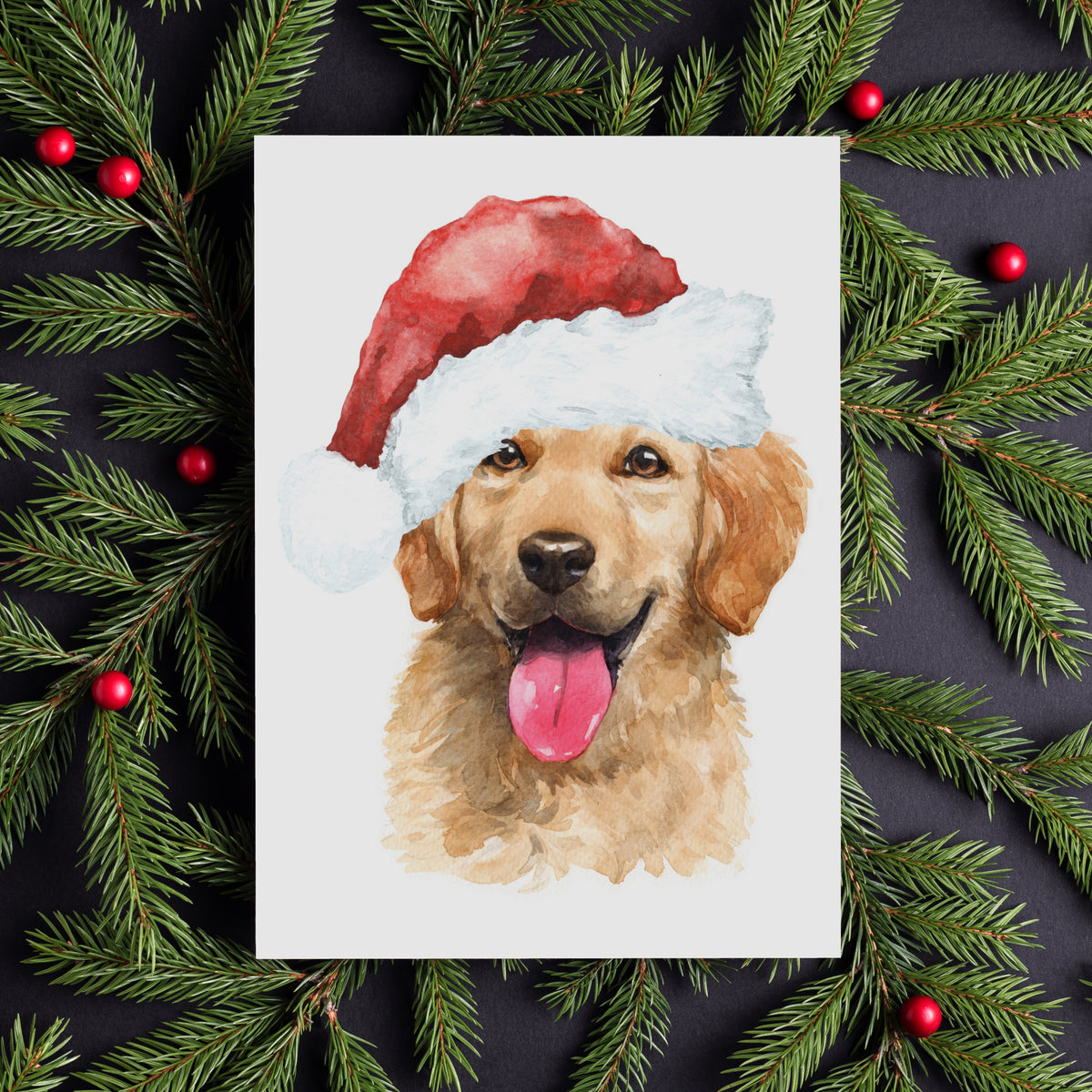 Holiday card set, one design: a chest-up watercolor portrait of a golden retriever wearing a crimson Santa hat.