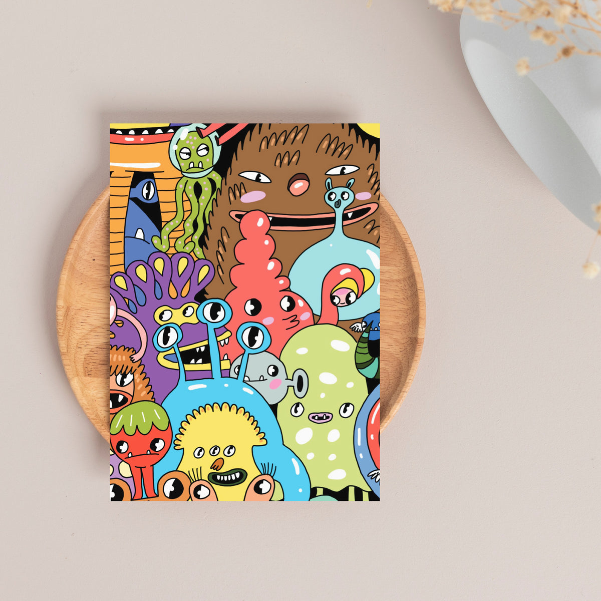Single-design notecard set with a bold graphic crowd of playful cartoon monsters and creatures.