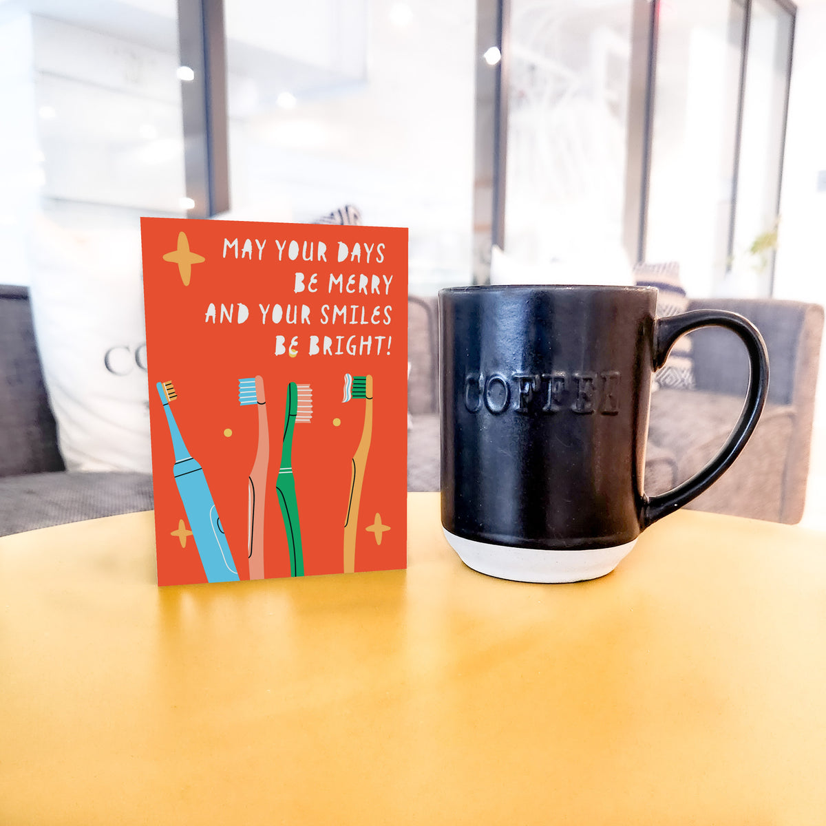Four-design dental Christmas card set, 6 cards per design, with flat-color illustrations and white display typography.