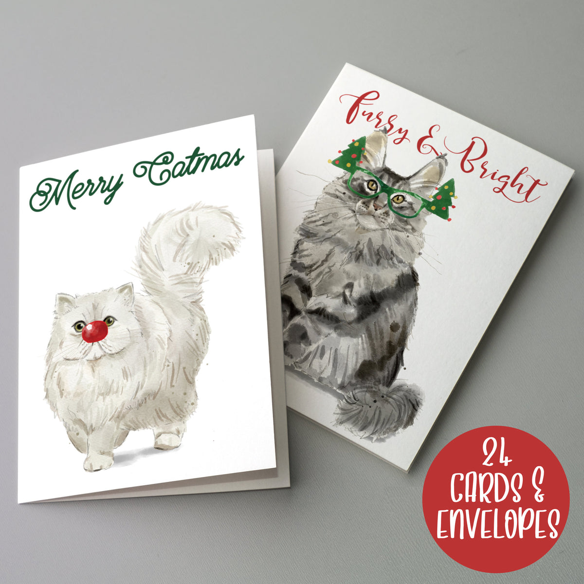 Meowy Christmas Greeting Cards, Set of 24