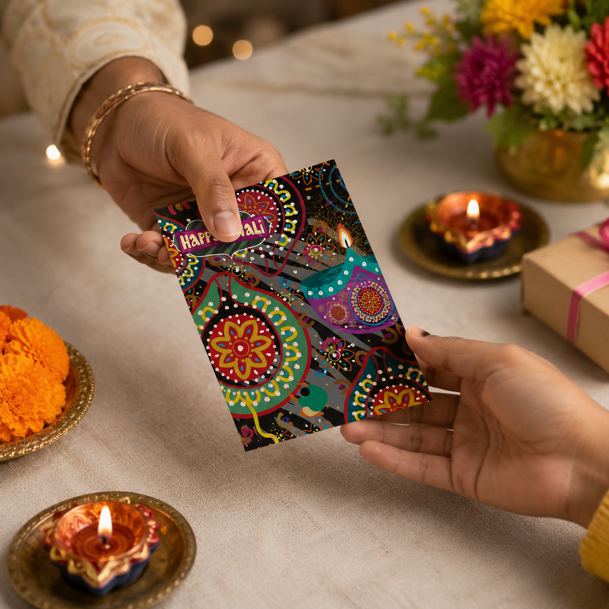Card Diwali greeting card set with colorful mandala patterns and decorative diya illustrations.