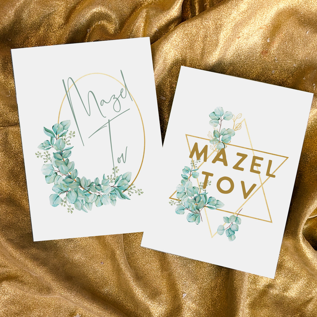 Mazel Tov cards with Star of David frames, soft green botanical illustrations, and centered text layouts.