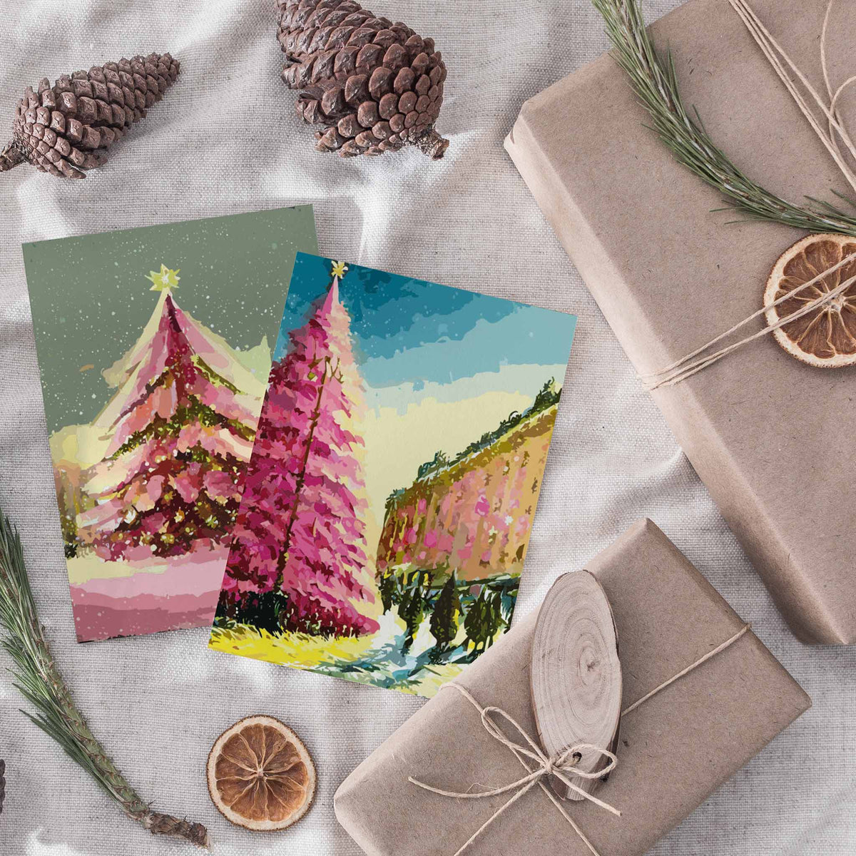 Glowing Pink Christmas Tree Greeting Cards, Set of 24