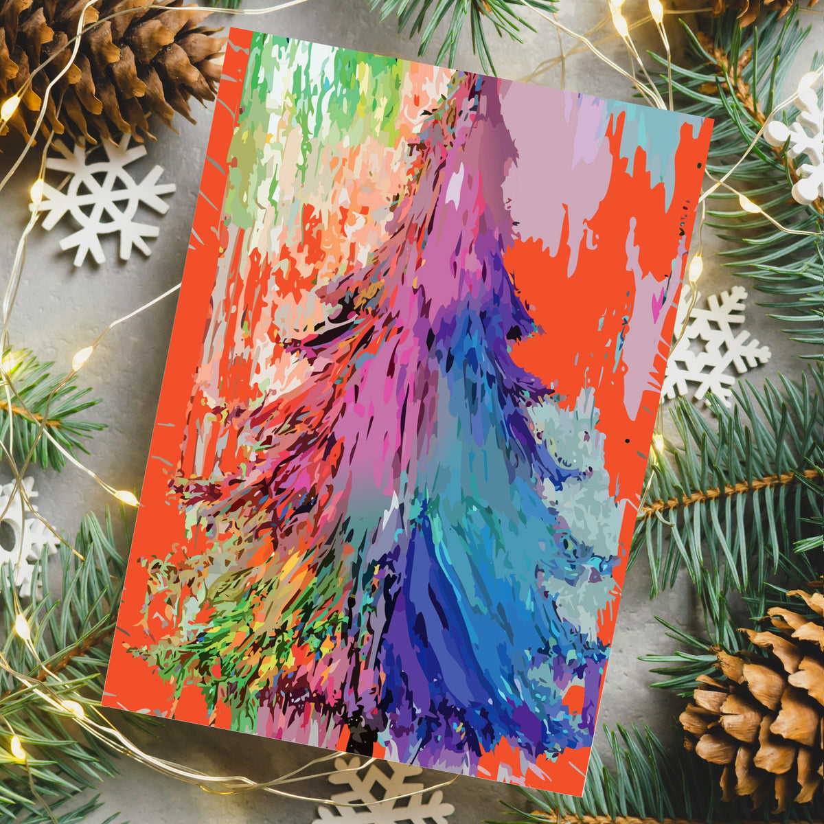 Christmas card set with abstract painted trees against vertical gradient bands in bold hues.