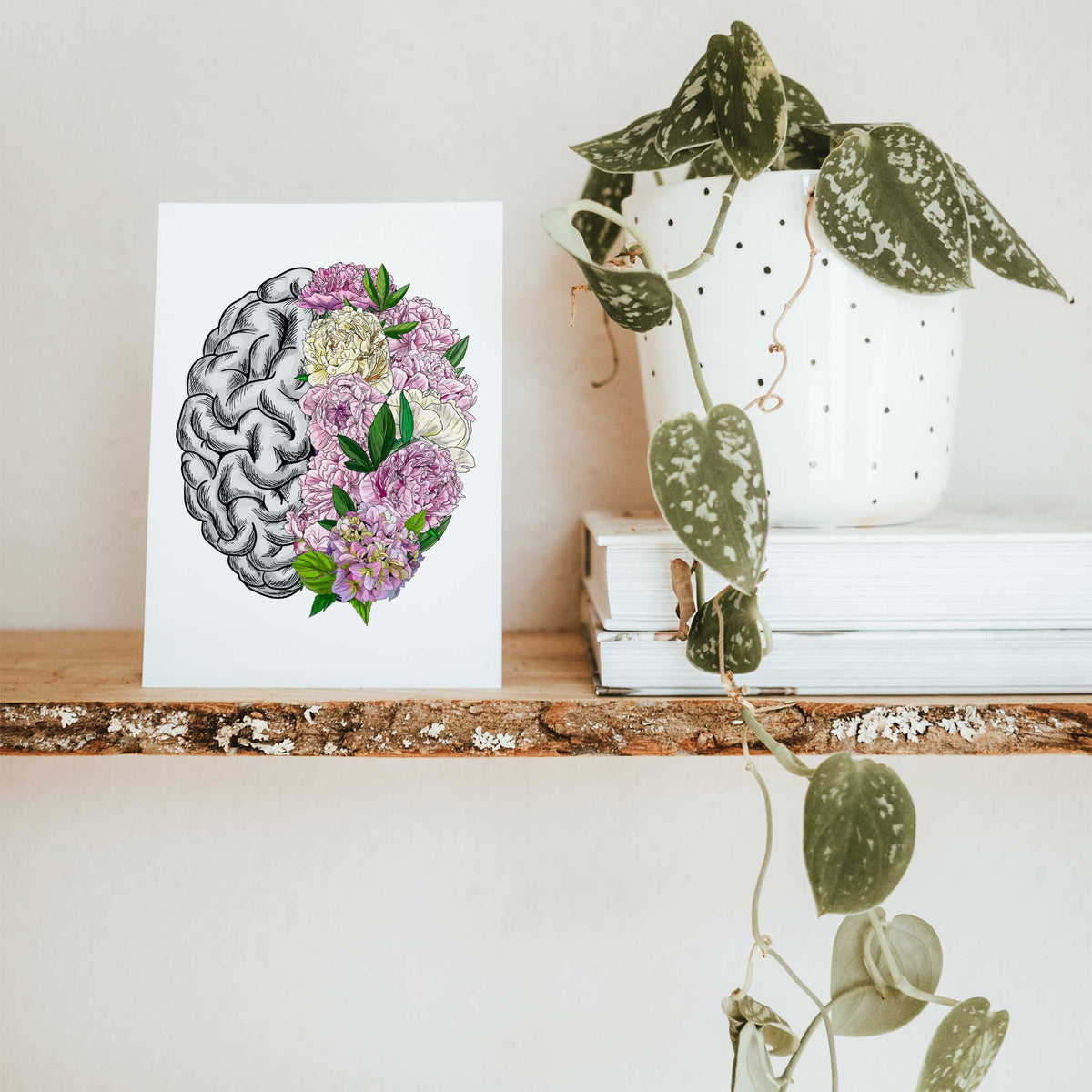 Card boxed set, single design: half-engraved brain with gyri detail transitioning to dense peony florals in pink and green.