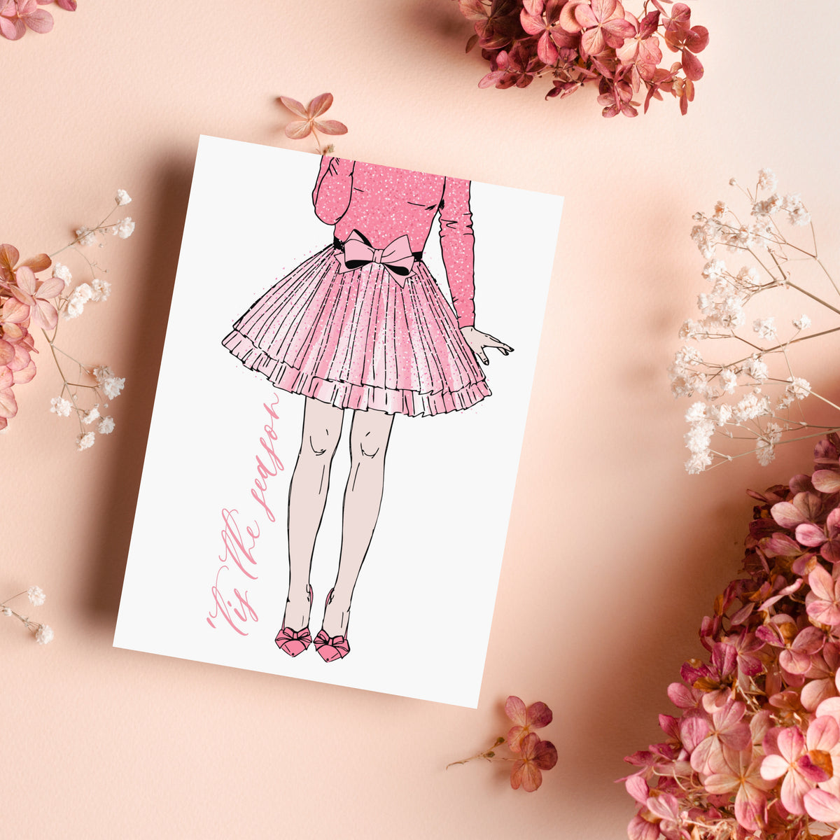 Holiday card pack of 24, eight pink and black line-drawn motifs on white, seven cards carry a script greeting.