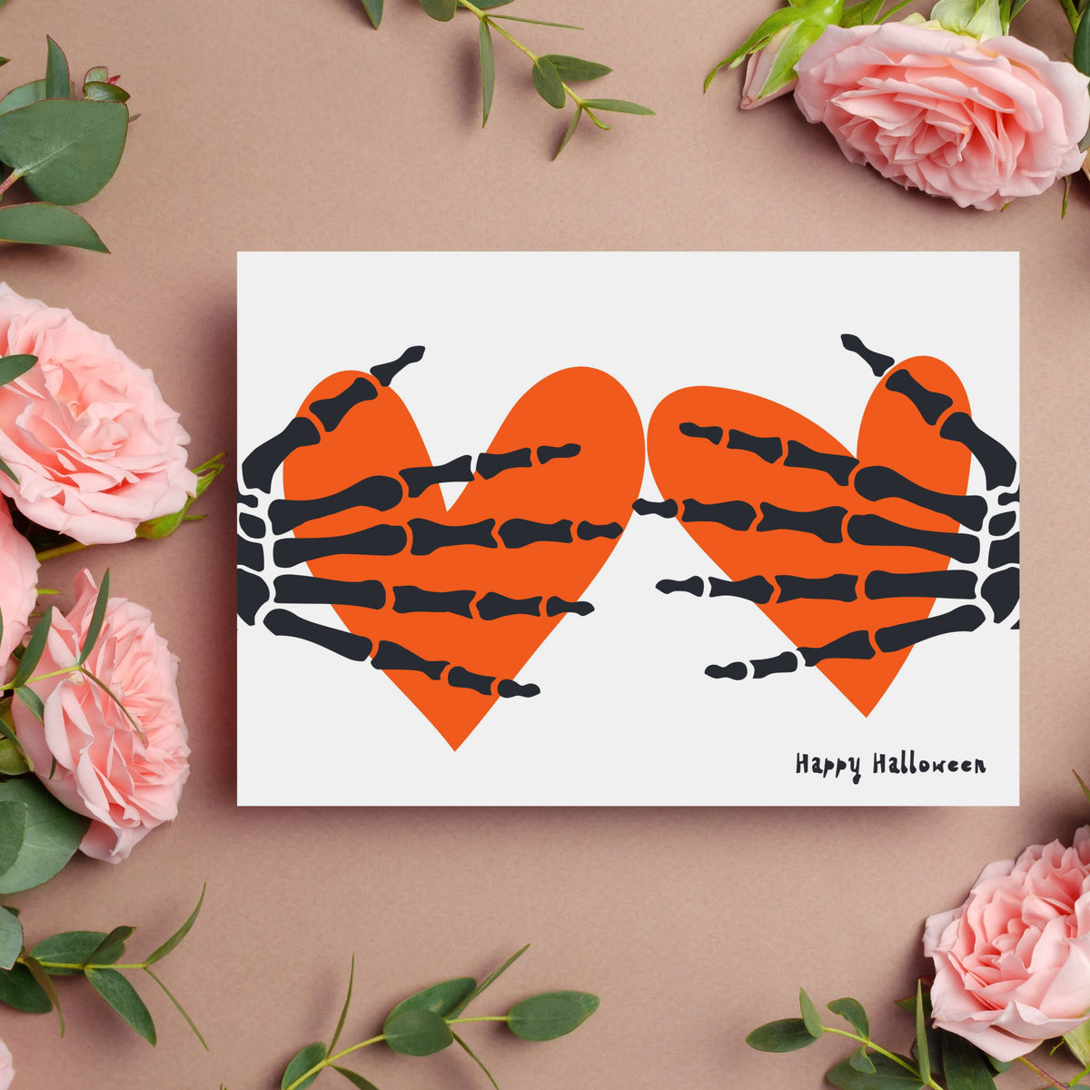 Set of 24 identical cards showing black skeleton hands overlaying orange hearts on a white background.