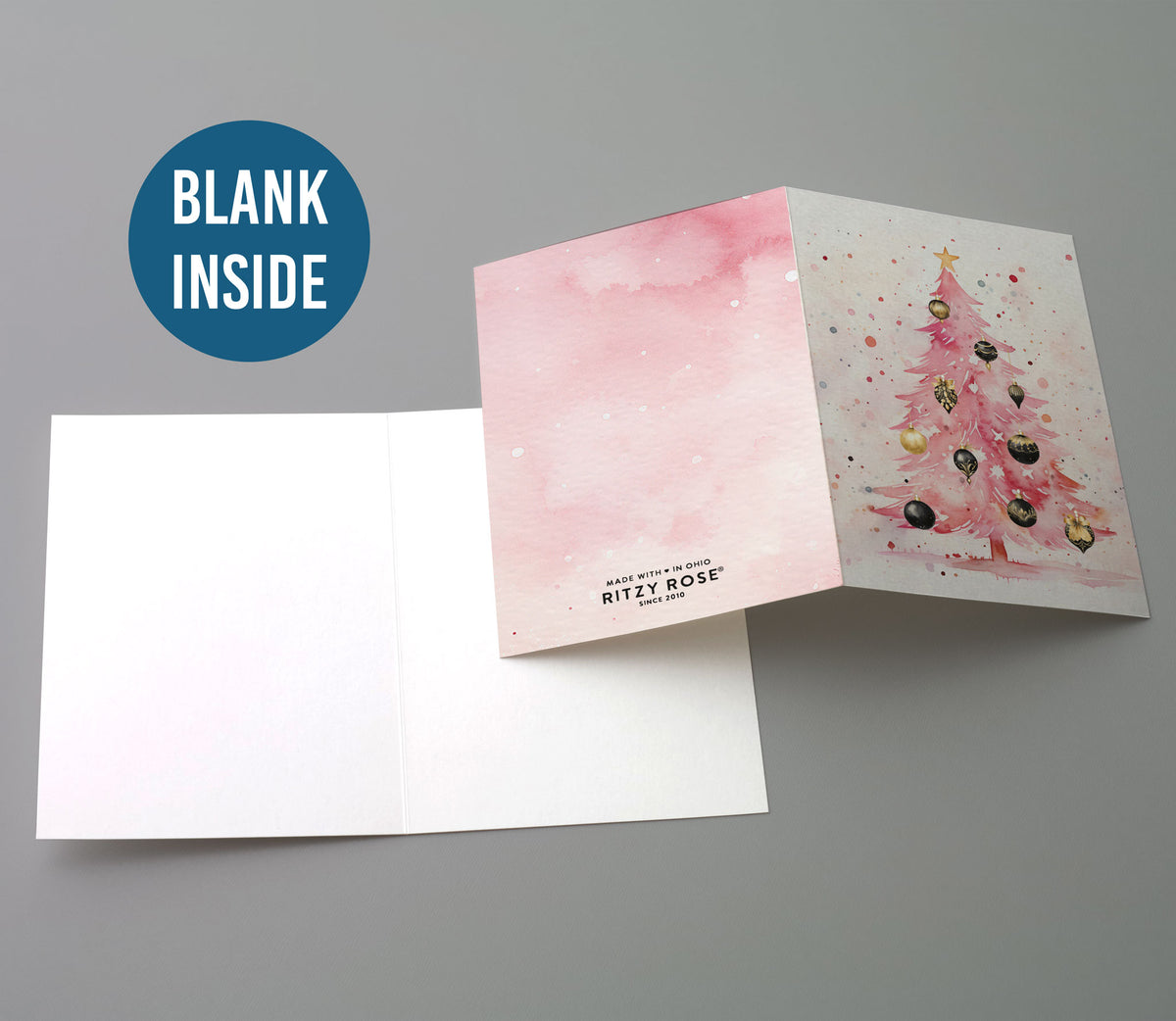 Pink Watercolor Christmas Tree Greeting Cards, Set of 24