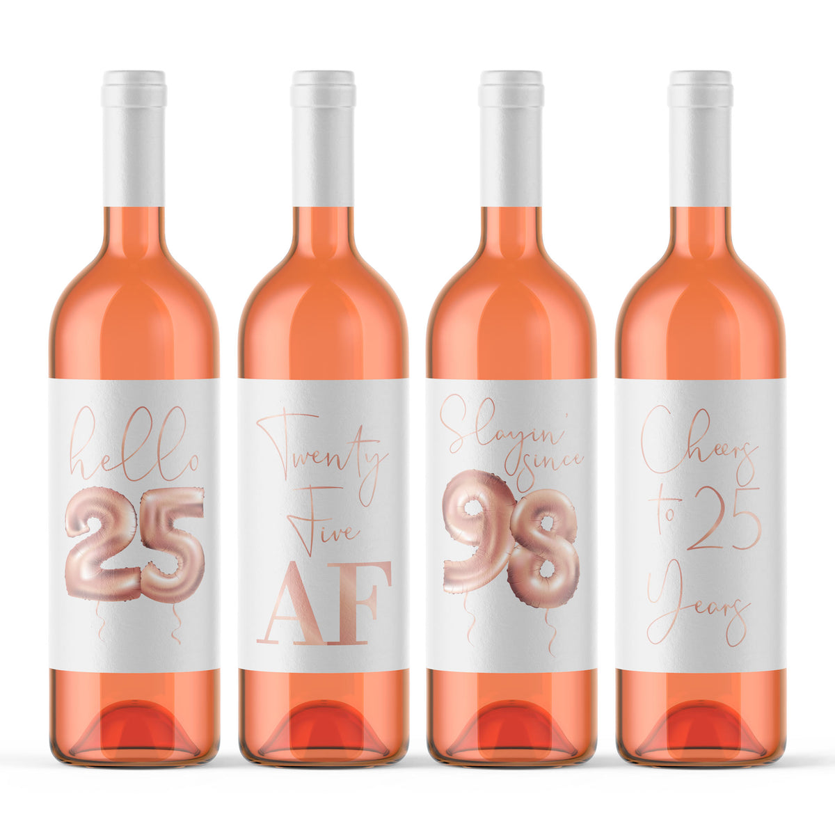 Rose Gold Balloon 25th Birthday Wine Labels, Pack of 4