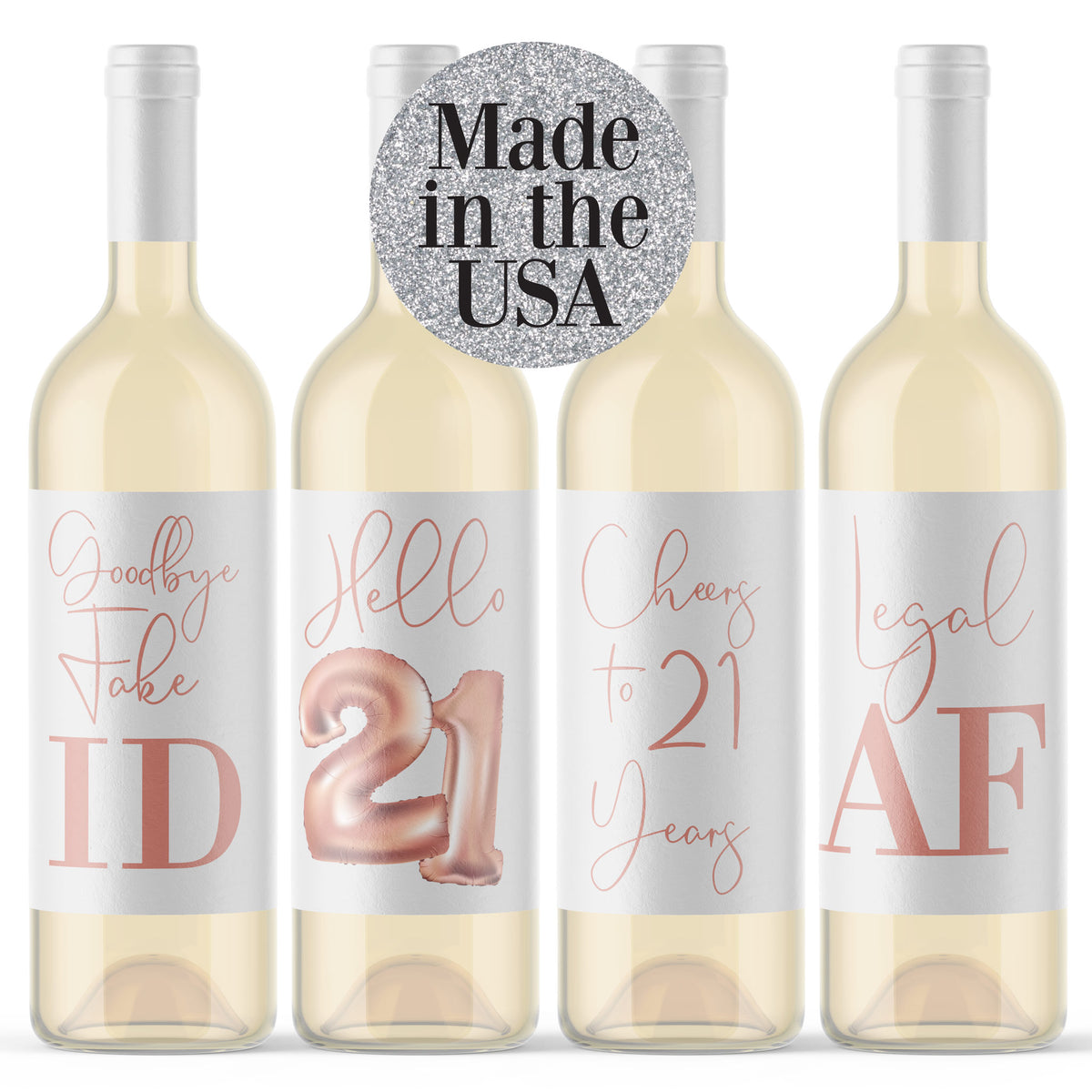 Rose Gold Balloon 21st Birthday Wine Labels, Pack of 4