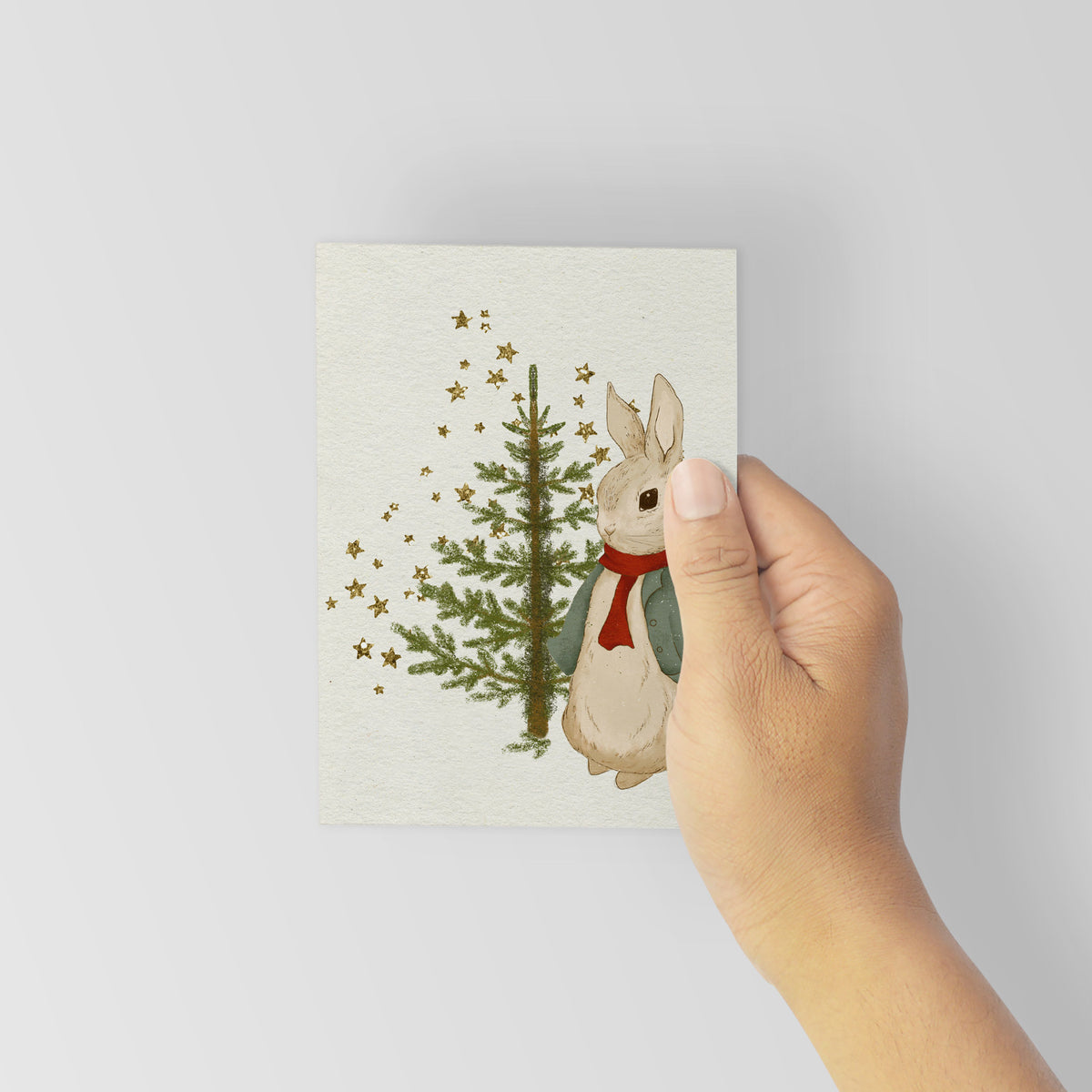 Whimsical Rabbit Christmas Tree Greeting Cards, Set of 24