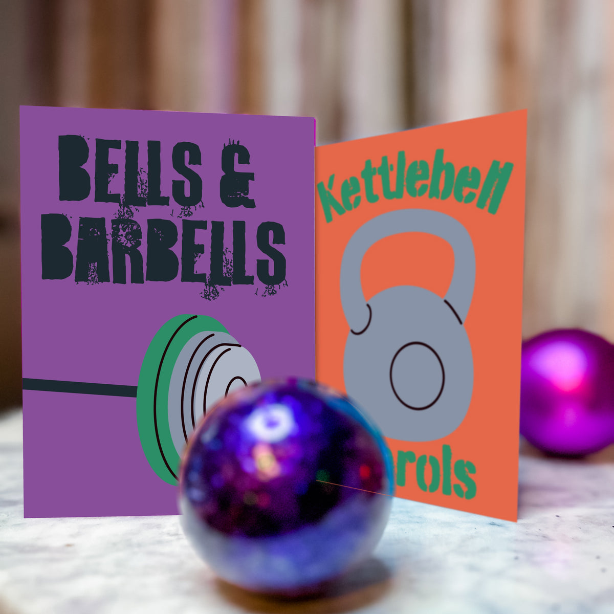 Christmas cards for gym enthusiasts, bold pun phrases over flat illustrations of fitness equipment on solid color backgrounds