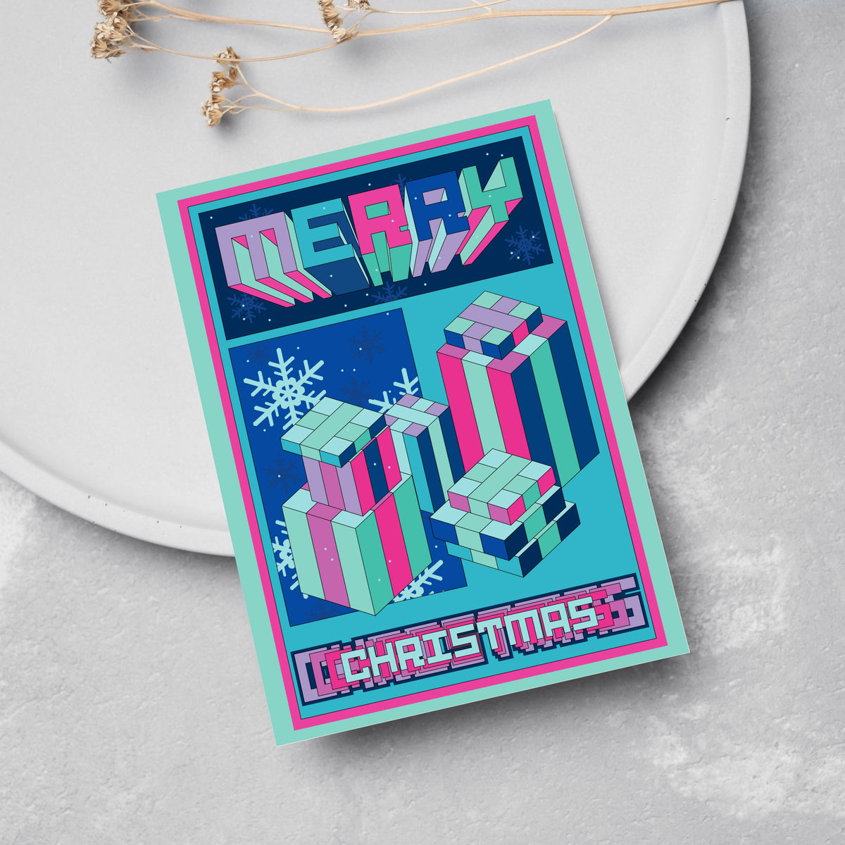 Card set with four retro designs: stacked gift boxes, geometric space objects, a night window scene, and a decorated pine tre