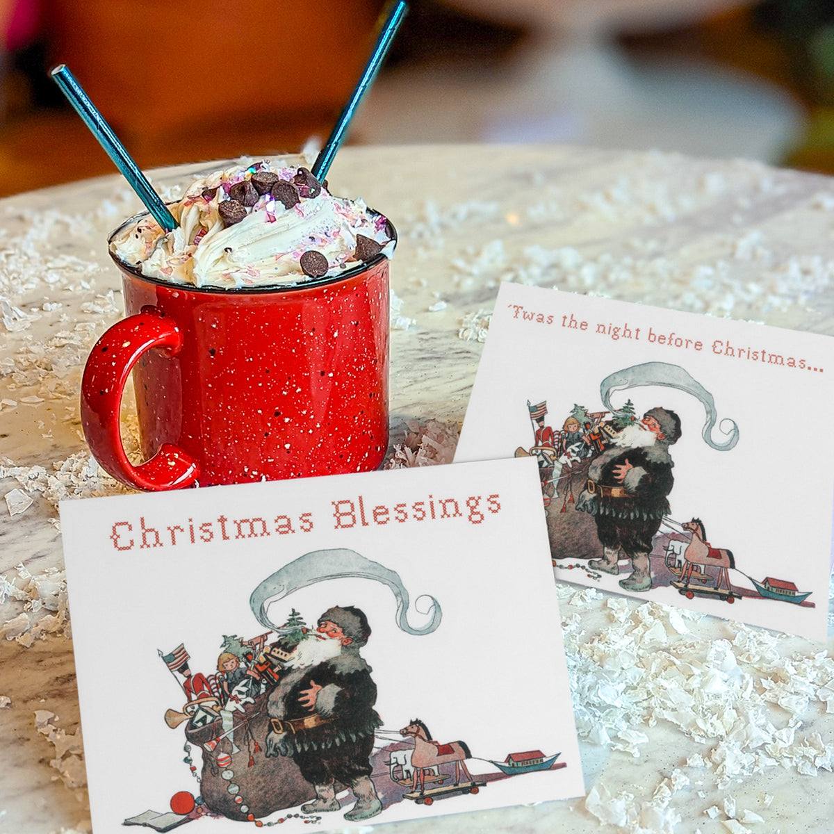 Four Christmas card designs sharing one Jessie Willcox Smith-style Santa illustration, six cards per design.