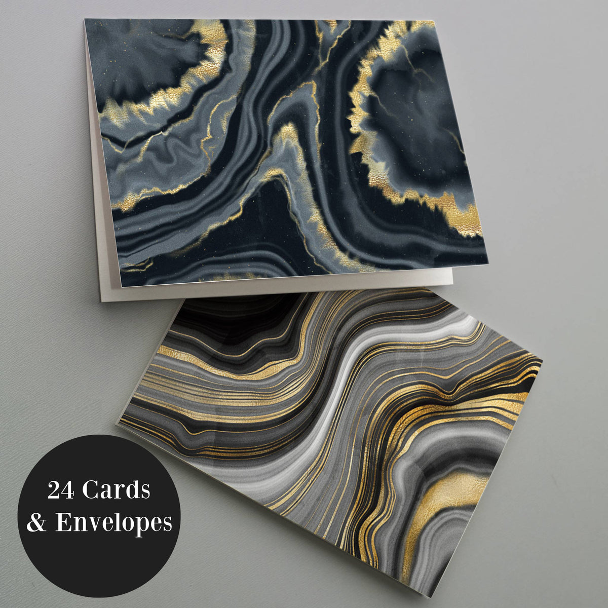 Agate Black and Gold Blank Greeting Cards, Set of 24