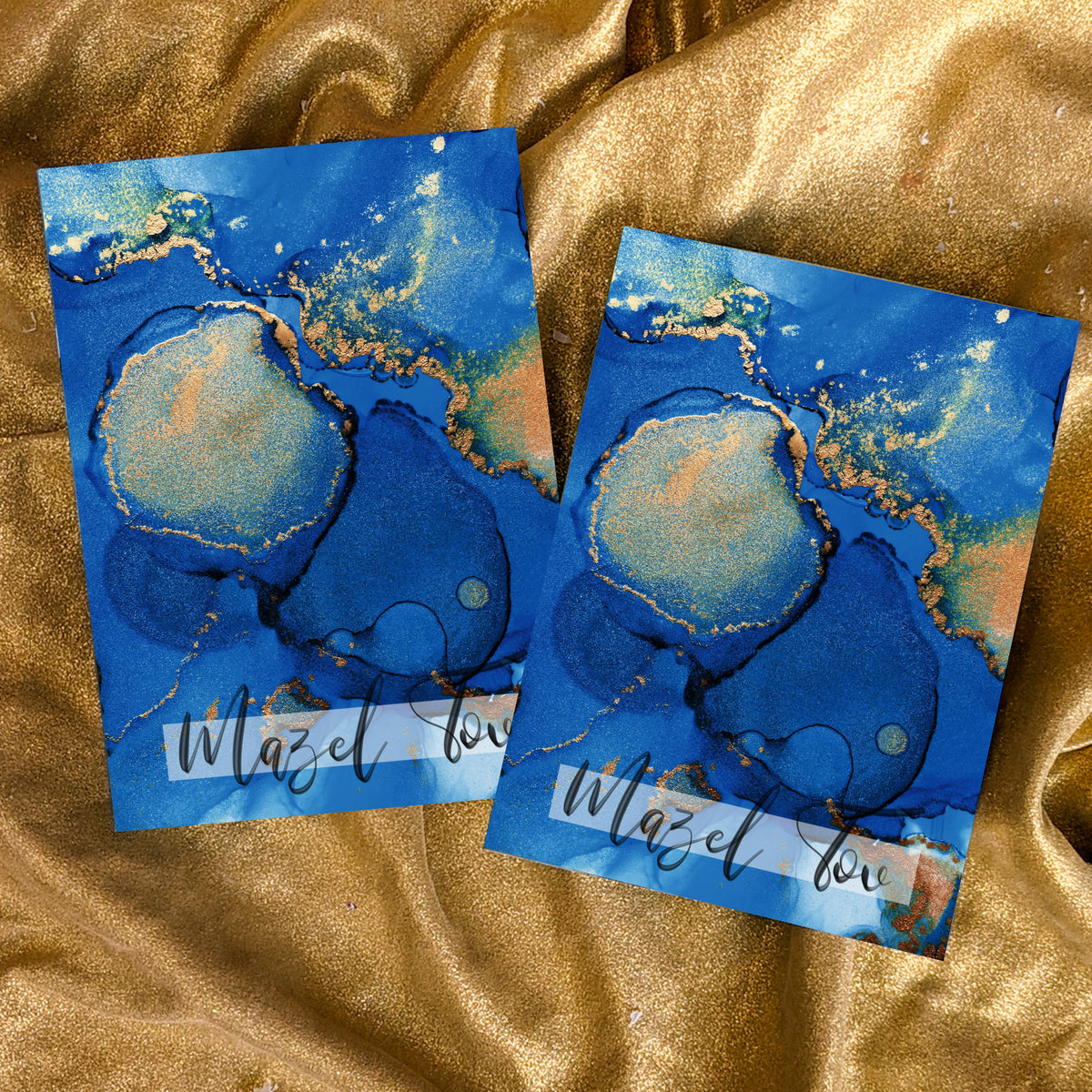 Set of 24 identical cards with a full-bleed cobalt blue abstract background and gold-toned organic shapes.