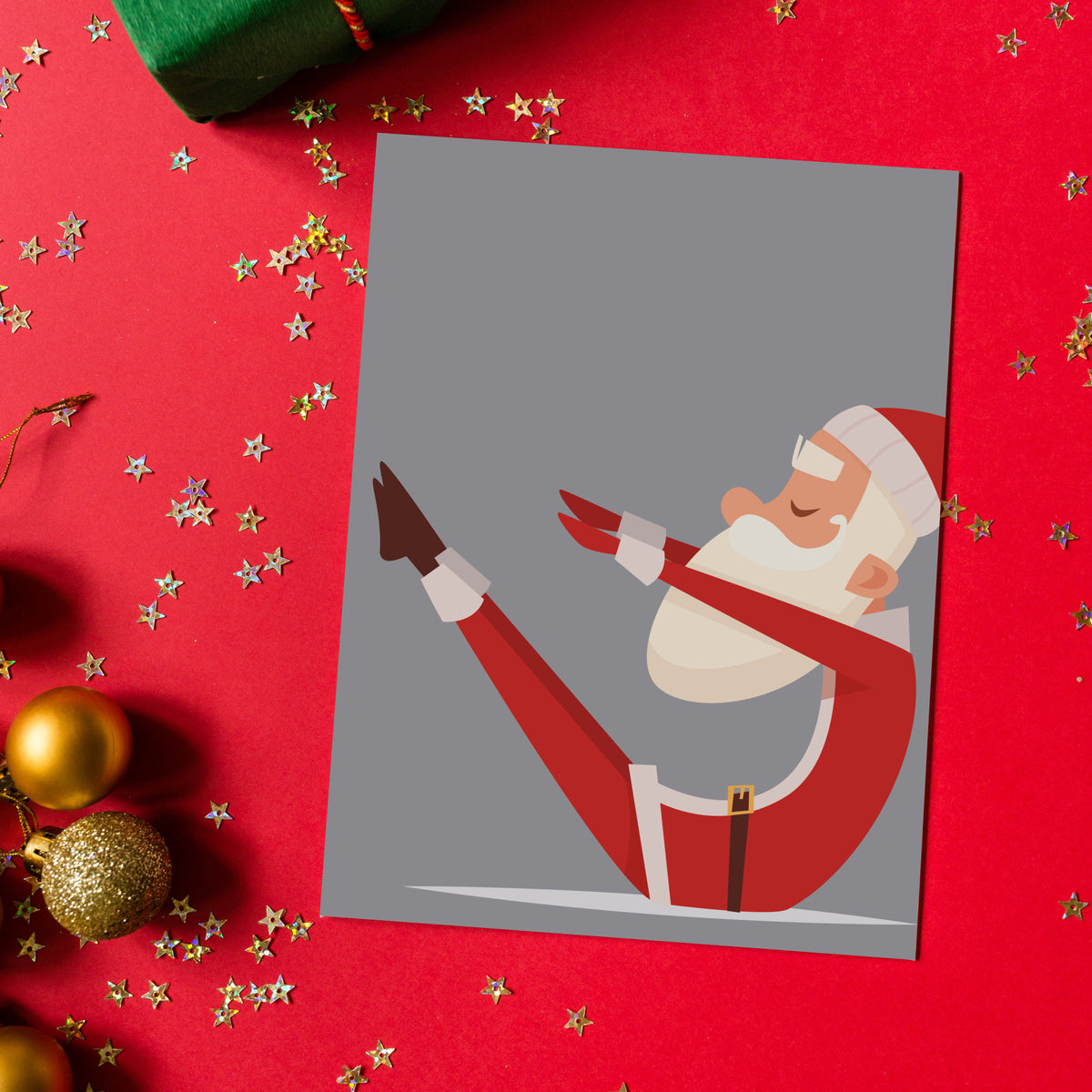 Christmas card set showing illustrated Santa in yoga positions on tan, black, teal, gray, slate blue, and burgundy.