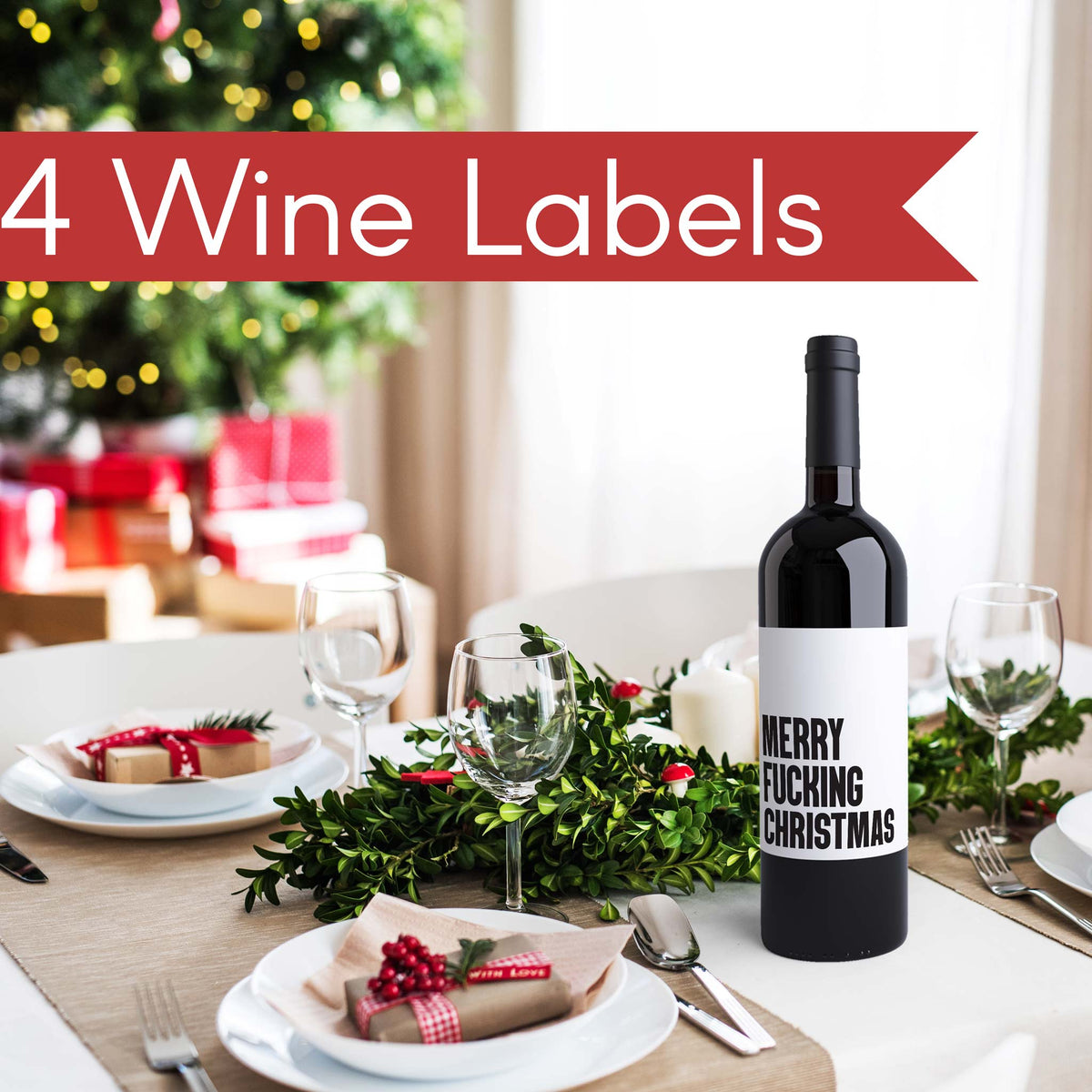 Merry F'n Christmas Wine Labels, Pack of 4