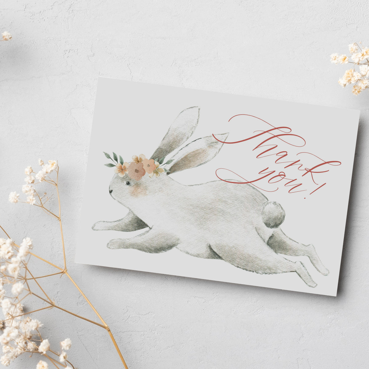 Watercolor-style rabbit stationery with "Thank you!" in flowing red script, 24-card set.