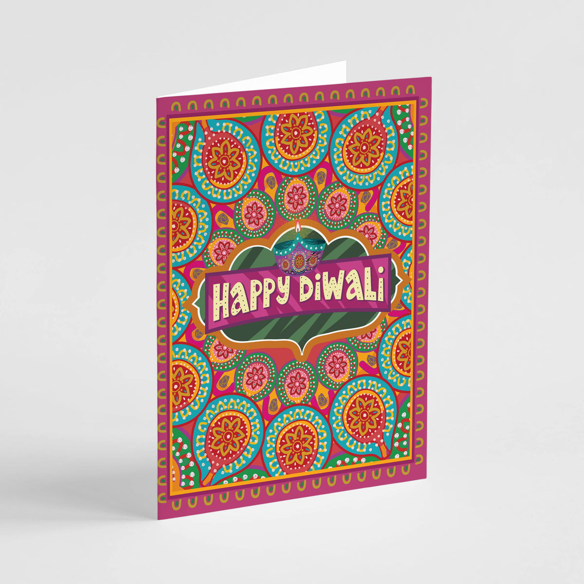 Multicolor Diwali cards with dense patterned backgrounds, border accents, and centered sans-serif text.