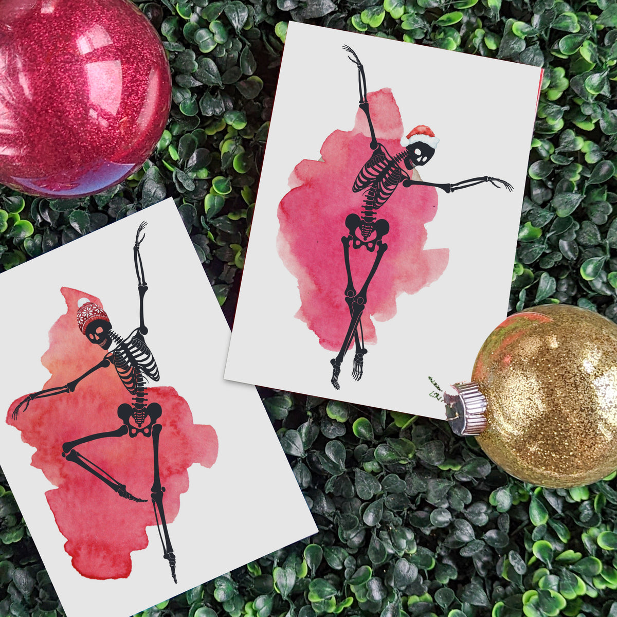 Six-design card set with a single skeleton figure mid-leap on each, set against an irregular watercolor splash.