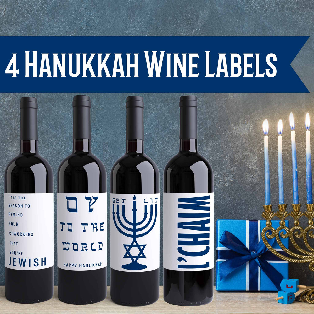 Hanukkah Wine Labels, Pack of 4