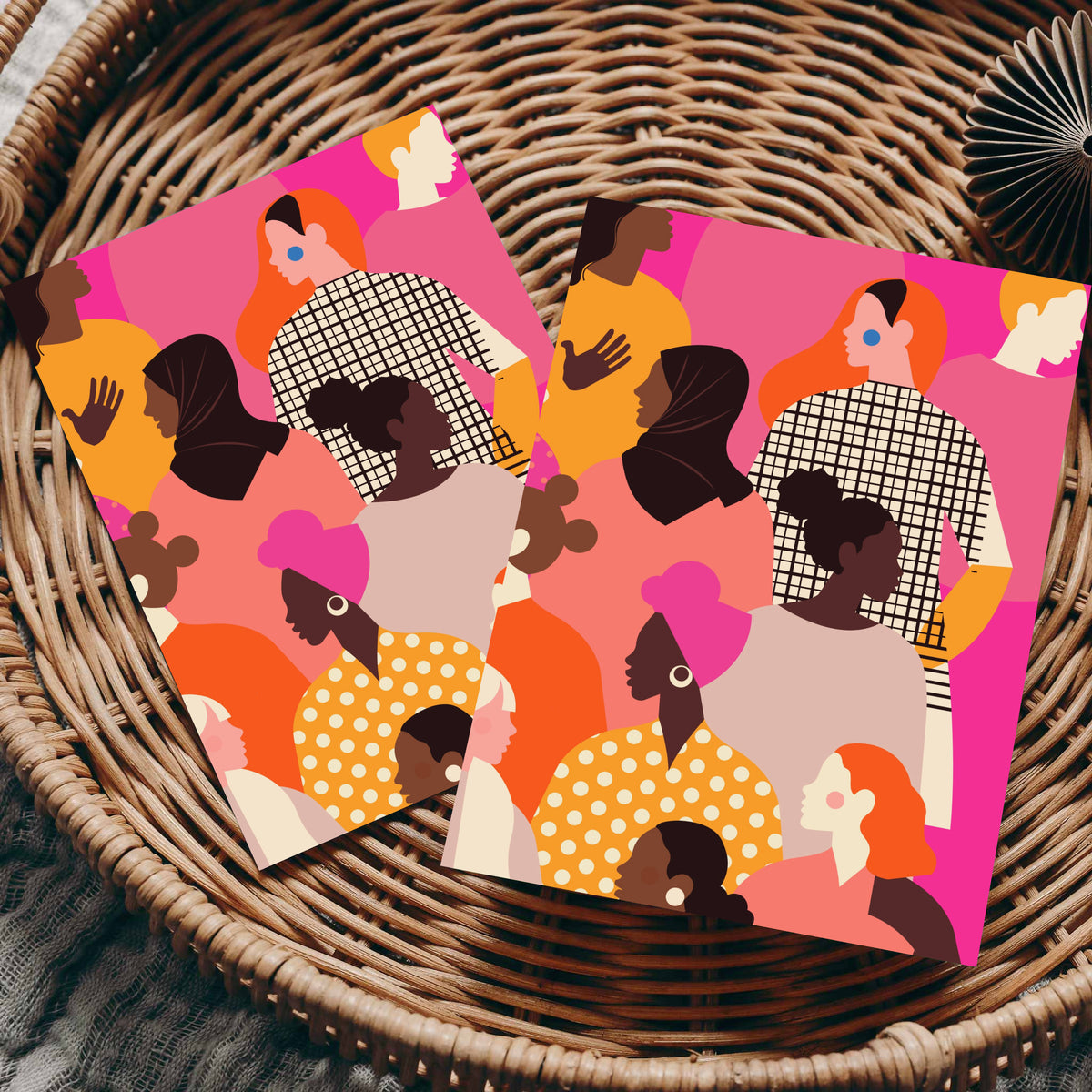 Card design with diverse women figures on magenta background in coral, peach, and pink layered tones.