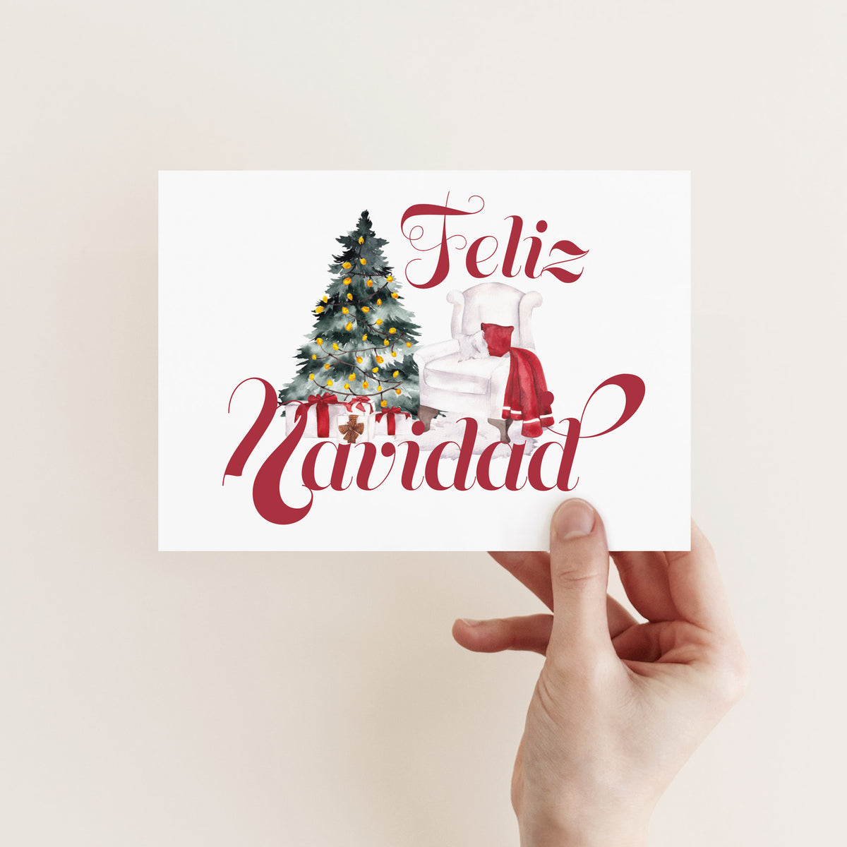 Watercolor Christmas Tree Feliz Navidad Greeting Cards, Set of 24
