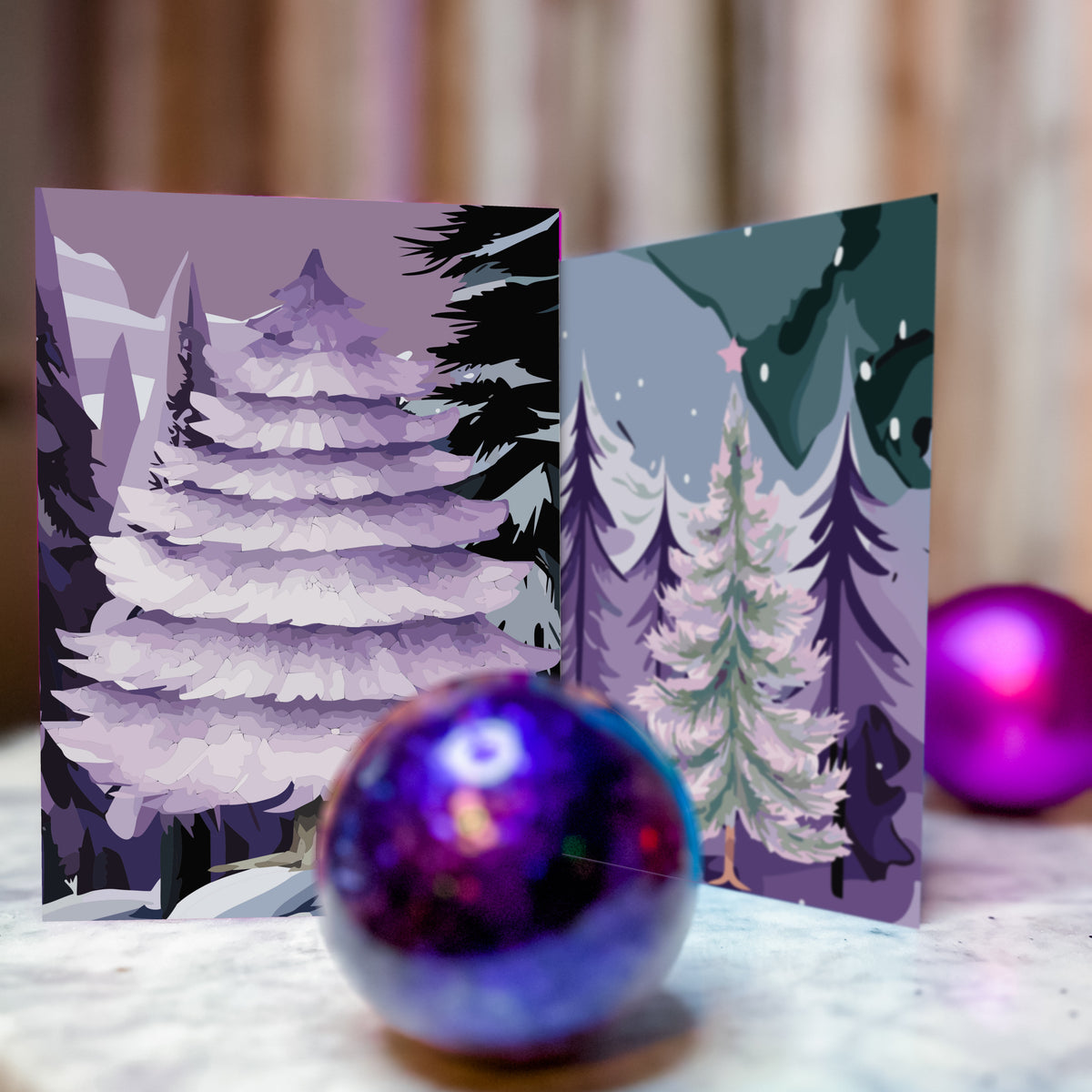 Card set with 12 designs, each centered on one pale-toned Christmas tree among purple trees.