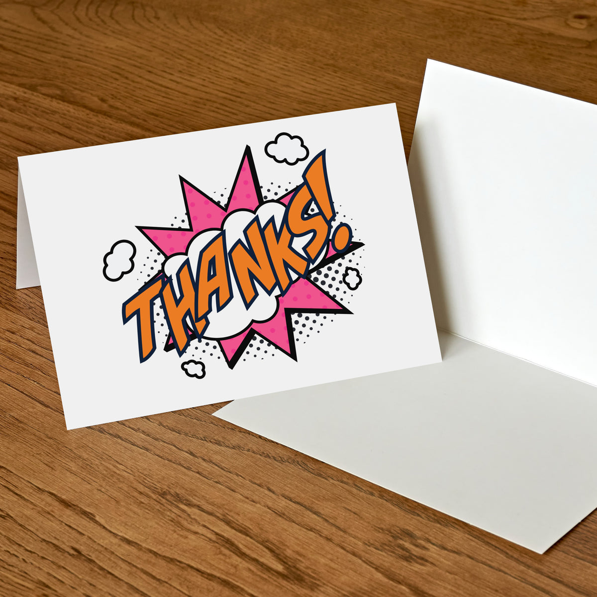 Four pop-art card designs with thick black outlines, halftone fills, and all-caps block lettering in bold colors.
