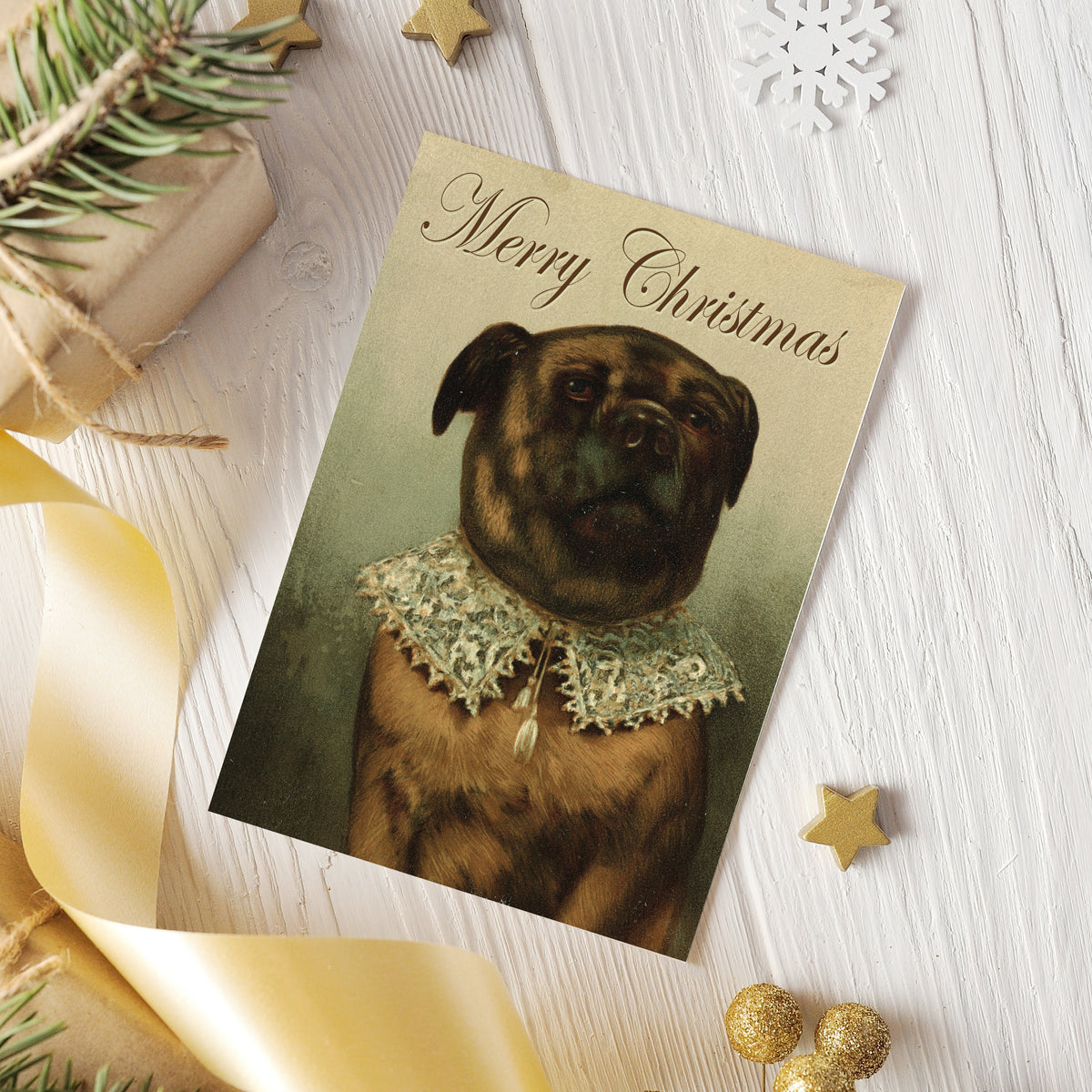 Painted pug portrait card, one design repeated 24 times, with dark brown swashed script greeting across the cream upper half.