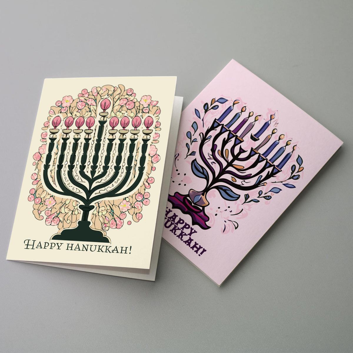 Pastel Floral Menorah Hanukkah Greeting Cards, Set of 24