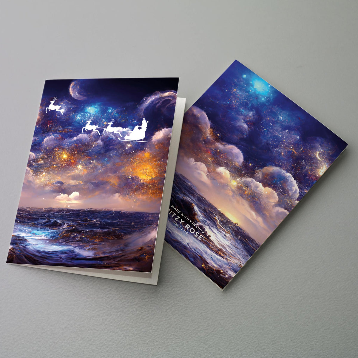 Santa Sleigh Over the Sea Christmas Greeting Cards, Set of 24