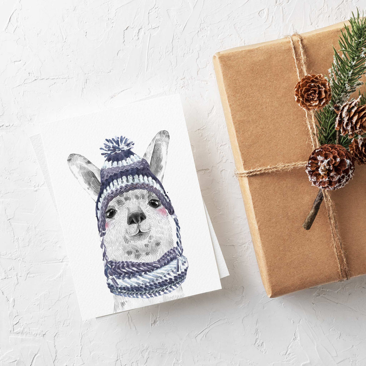 Fine line animal illustrations on white cards, watercolor-accented hats and scarves, six cards per design.