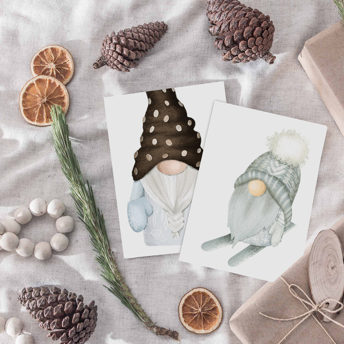 Assorted gnome cards showing full-figure and close-cropped watercolor illustrations, no text.