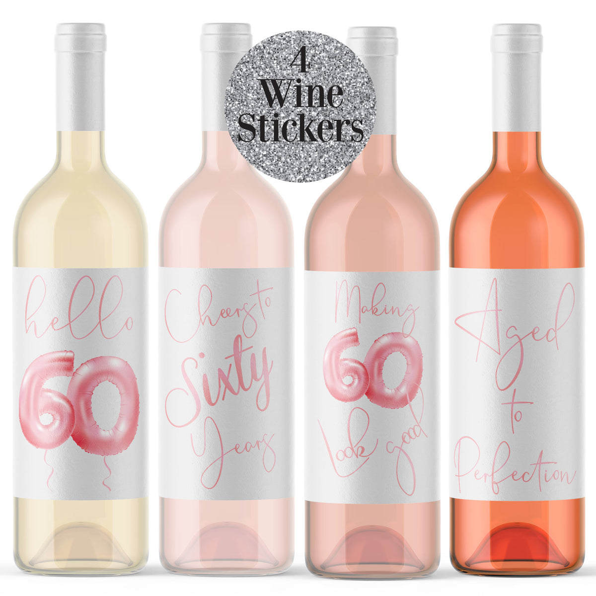 Pink Balloon 60th Birthday Wine Labels, Pack of 4