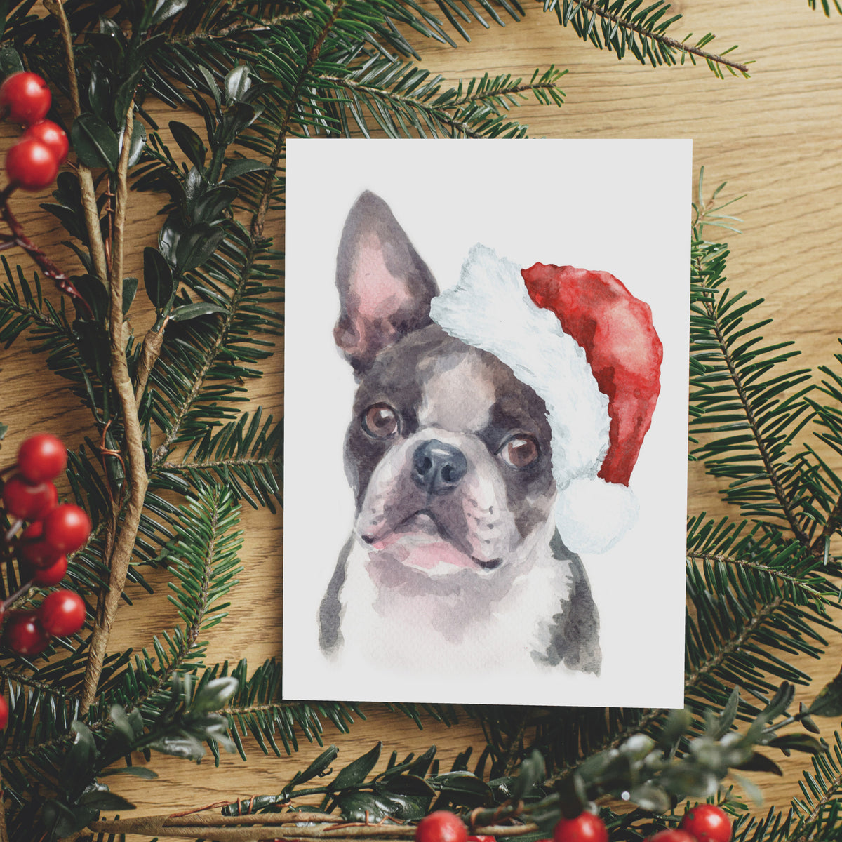 Single-design card pack of 24, watercolor dog illustration with dark coat, white blaze, and red hat.
